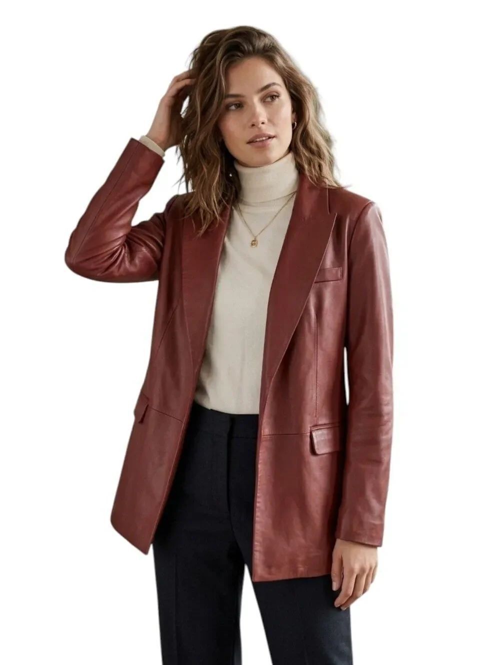 8 BY YOOX Brick Red 100% Lambskin Leather Open Front Blazer Jacket IT 44 US 8 M